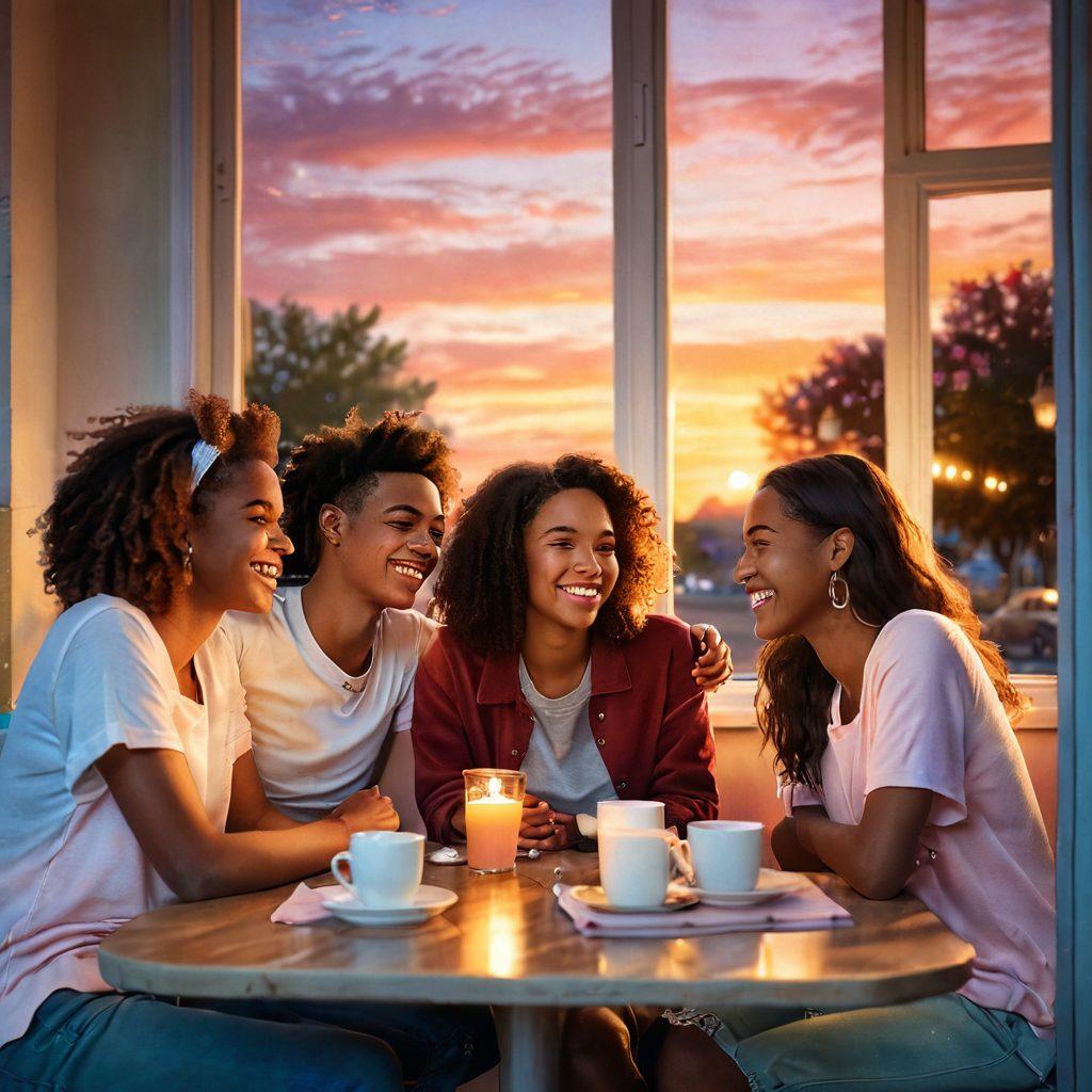 A vibrant scene capturing a group of diverse young friends sitting in a cozy cafe, playfully laughing and sharing heartfelt stories, with a romantic sunset visible through the window. One couple in the foreground exchanging shy glances, symbolizing friendship blossoming into love. Soft pastel colors and warm lighting create an inviting atmosphere. super-realistic. vibrant colors. warm ambiance.