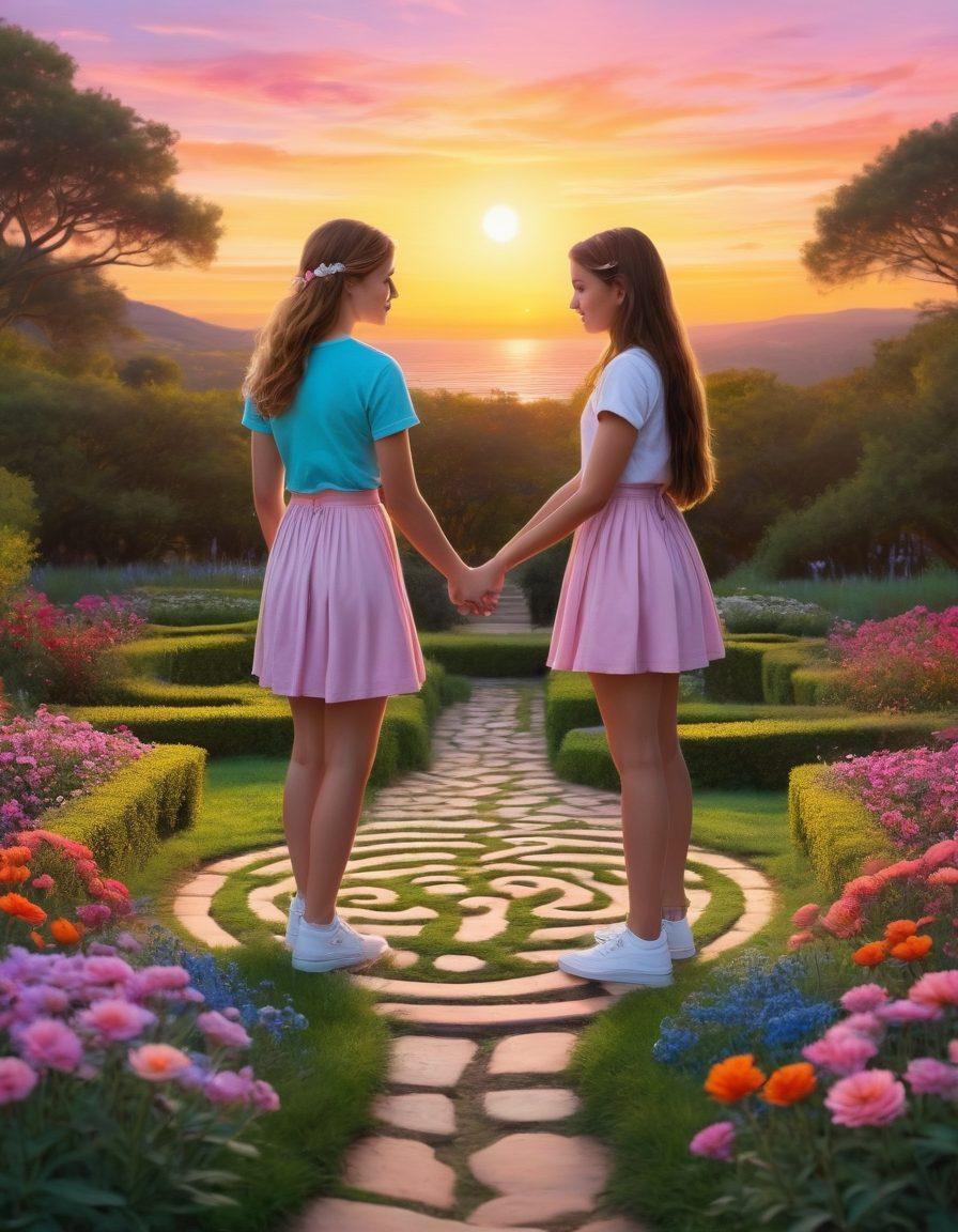 An enchanting labyrinth filled with vibrant heart symbols, whimsical flowers, and young couples exploring its twists and turns, embodying the excitement and challenges of teenage romance. Soft pastel colors dominate the scene, with a dreamy sunset casting warm glows. Emphasize the sense of adventure and discovery in young love, featuring diverse teens holding hands or engaging in light-hearted interactions. super-realistic. vibrant colors. whimsical style.