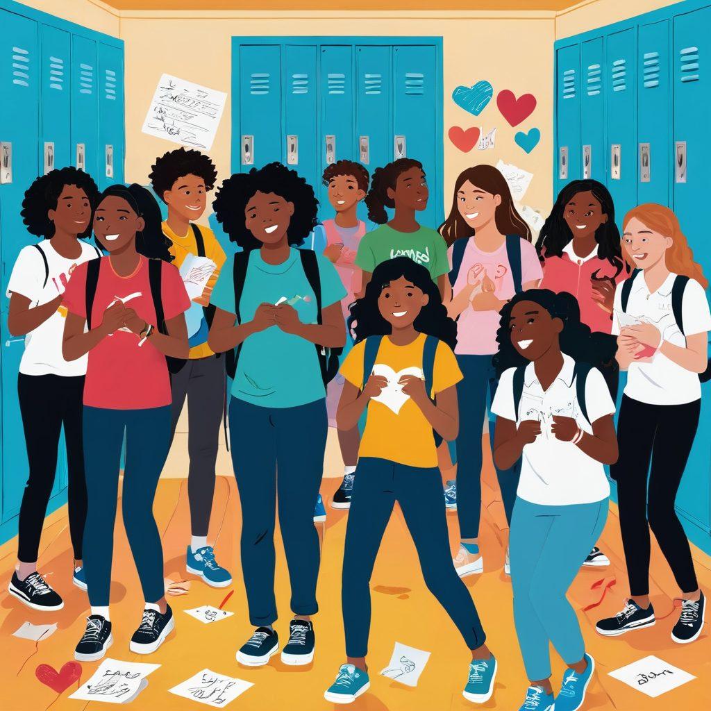 A collage of diverse teenagers having playful interactions in a school setting, showcasing different emotions like joy, confusion, and curiosity. Include elements like heart doodles, friendship bracelets, and crumpled love notes scattered around. The background should have lockers and a school hallway vibe, evoking the essence of adolescence. vibrant colors. vector art.